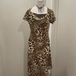 VTG 90s Y2K Gala Collection Brown Leopard Print Cap Sleeve Midi Dress- L